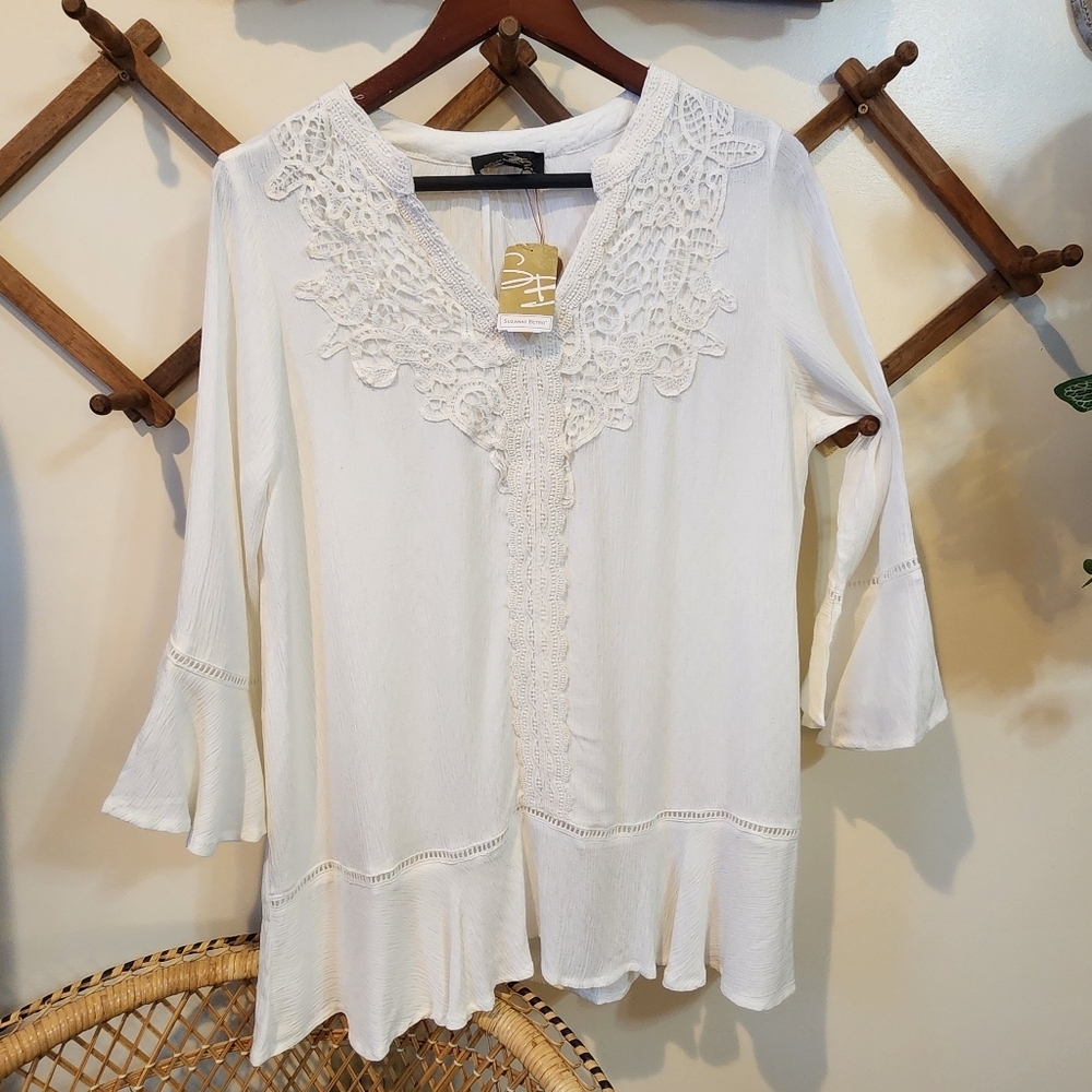 Suzanne Betro Tunic Blouse Cream White Medium NWT Crochet Lace Boho Bell Sleeve - Picture 9 of 16
